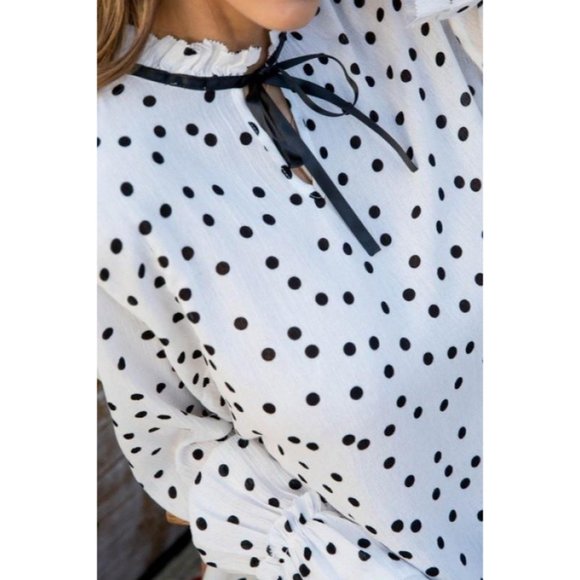Women's White Ruffle Sleeve Polka Dot Tops Blouse. - Picture 3 of 3